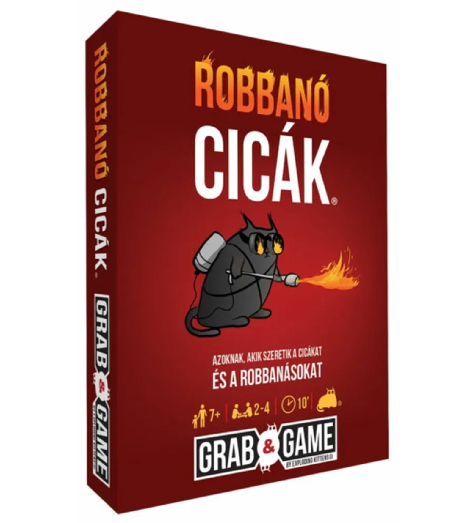 A képen a Robbanó Cicák Mini társasjáték doboza látható. A doboz domináns vörös színű, közepén egy fekete macska látható lángszóróval a mancsában, ami már előrevetíti a játék őrült és morbid humorát. Az alsó részen a játék jellemzői is feltüntetésre kerültek: 7 éves kortól ajánlott, 2–4 játékosnak szól, és egy kör kb. 10 percig tart. A Grab & Game logó is jelzi, hogy ez egy kompakt, útközben is játszható verziója az eredeti Robbanó Cicák játéknak.