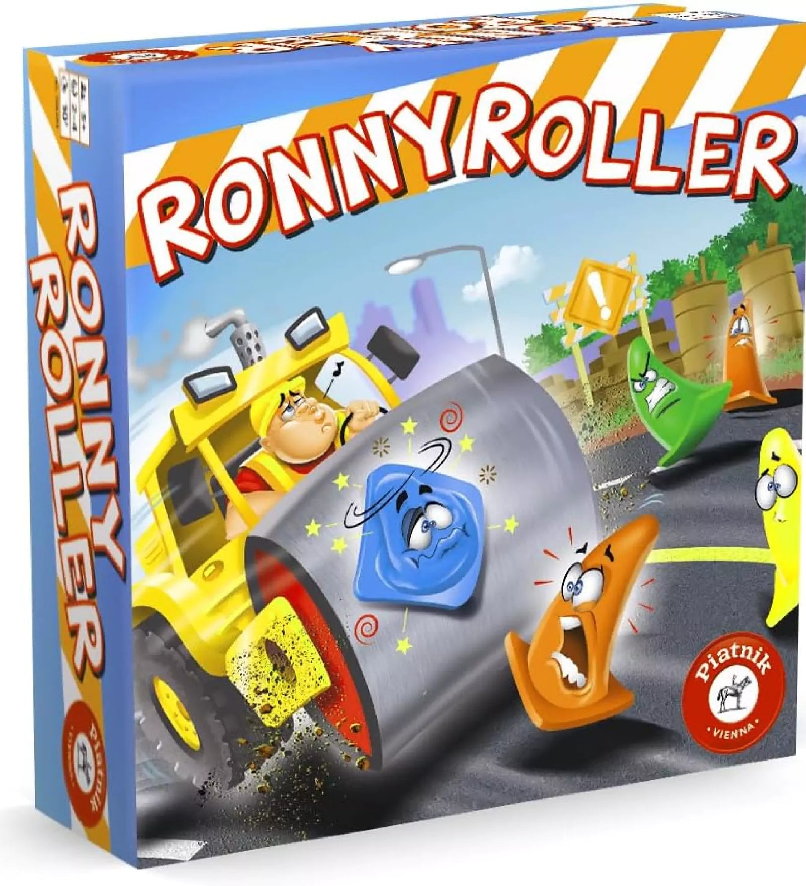 Ronny Roller társasjáték doboza: a borítón egy sárga úthenger látható, amellyel Ronny épp színes, vicces figurákat próbál elgázolni – izgalmas és mókás játékélményt ígér.