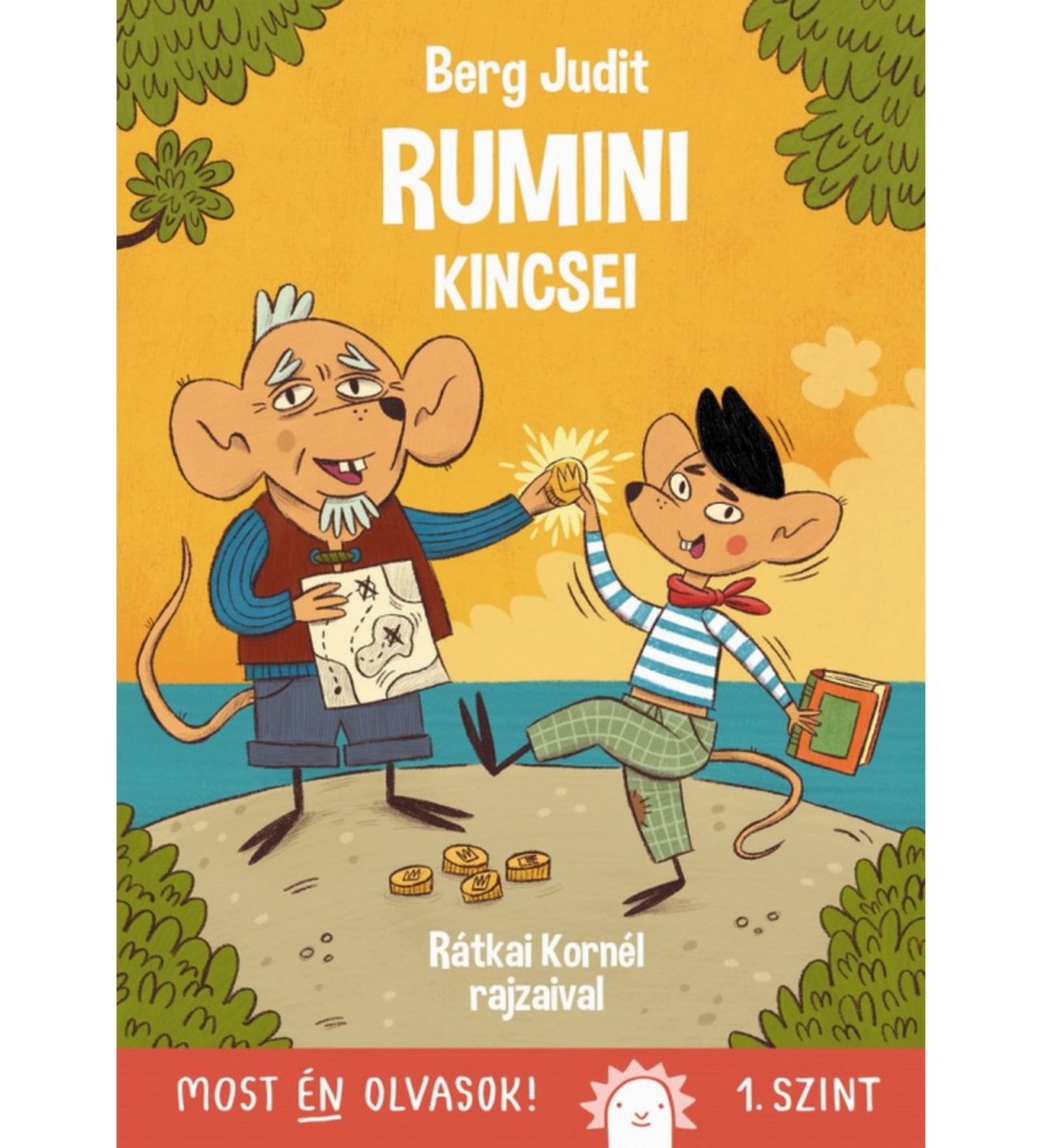 A „Rumini kincsei” könyv borítója Berg Judittól, a Most én olvasok! sorozat 1. szintjén. A képen Rumini és egy idősebb egér látható, akik egy kincsestérképet és aranyérméket tartanak a tengerparton, vidám hangulatban.
