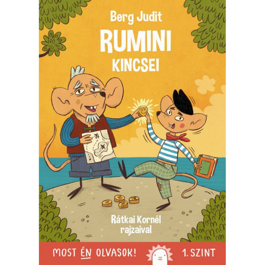 A „Rumini kincsei” könyv borítója Berg Judittól, a Most én olvasok! sorozat 1. szintjén. A képen Rumini és egy idősebb egér látható, akik egy kincsestérképet és aranyérméket tartanak a tengerparton, vidám hangulatban.