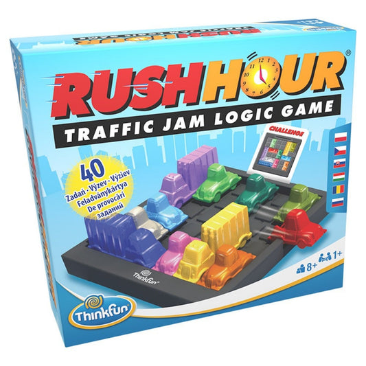 ThinkFun Rush Hour Csúcsforgalom logikai társasjáték doboza, színes autókkal és teherautókkal ábrázolt pályával a borítón.