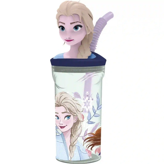 STOR Jégvarázs mintás 360 ml-es gyerekpohár, áttetsző pohártesttel, sötétkék fedéllel, hajlítható lila szívószállal, 3D Elza figurával és hópelyhes Frozen grafikával.