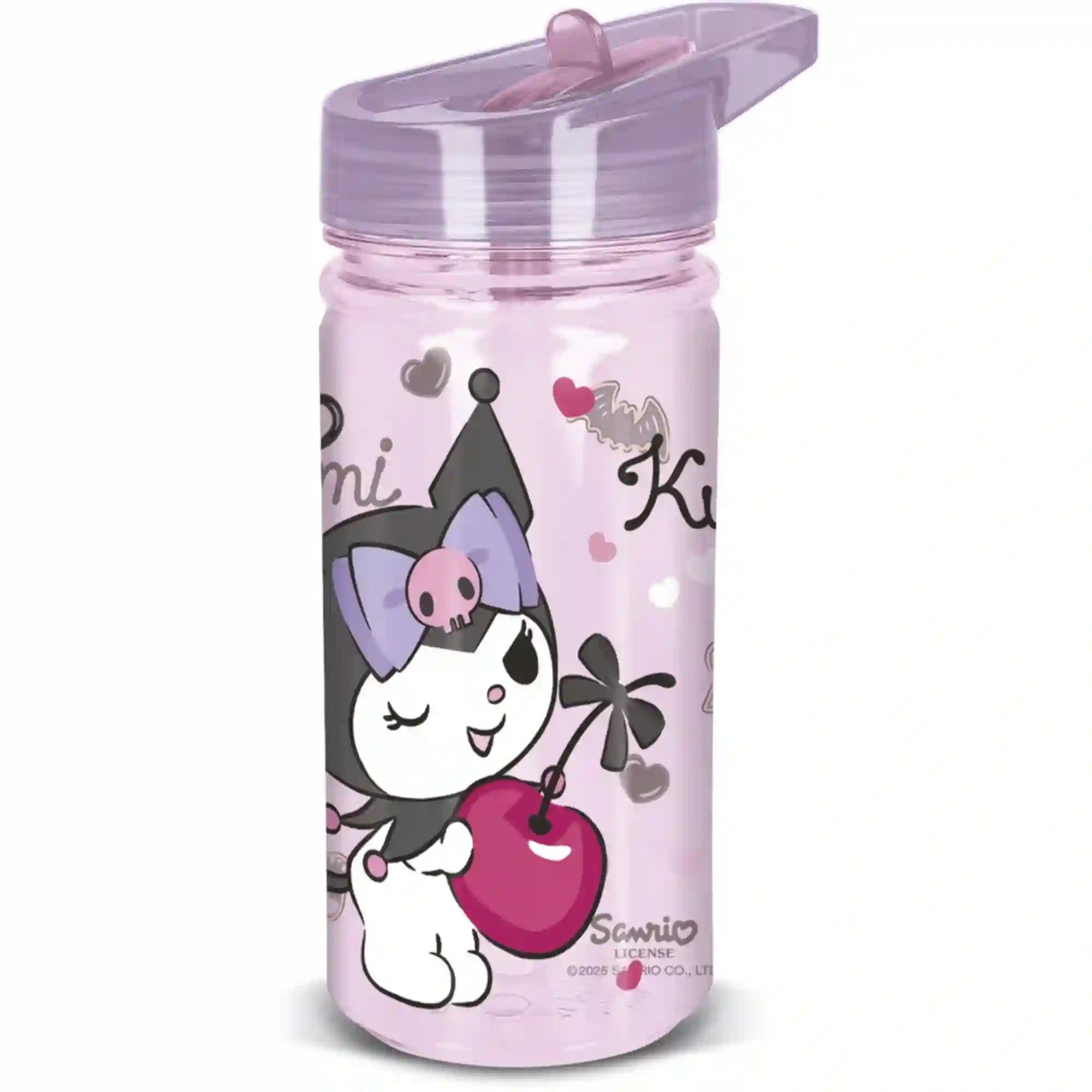 STOR Kuromi mintás 475 ml-es gyerekkulacs, áttetsző rózsaszín palackkal, lila felhajtható tetővel, beépített szívószállal, Kuromi figurával és cseresznyés mintával.