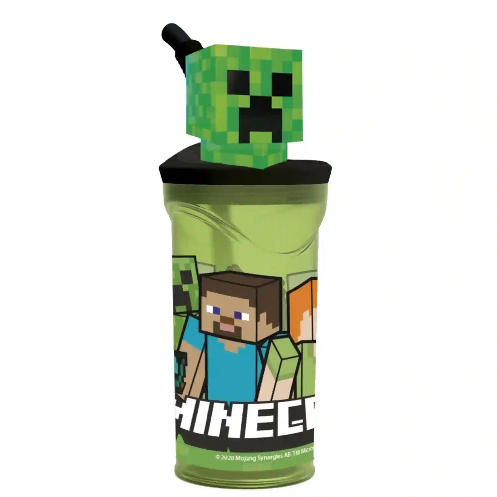 STOR Minecraft mintás 360 ml-es gyerekpohár, áttetsző zöld pohártesttel, fekete fedéllel, hajlítható fekete szívószállal, 3D Creeper fejjel, Steve és Alex karakterekkel.