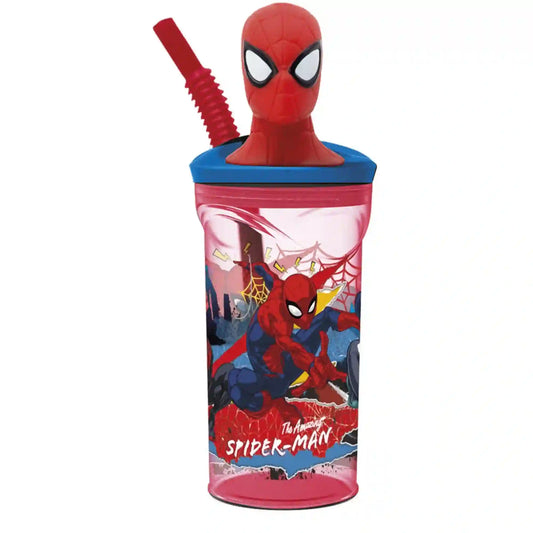 STOR Pókember mintás 360 ml-es gyerekpohár, áttetsző piros pohártesttel, kék fedéllel, hajlítható piros szívószállal, 3D Pókember fejjel és színes Marvel Spider-Man grafikával.