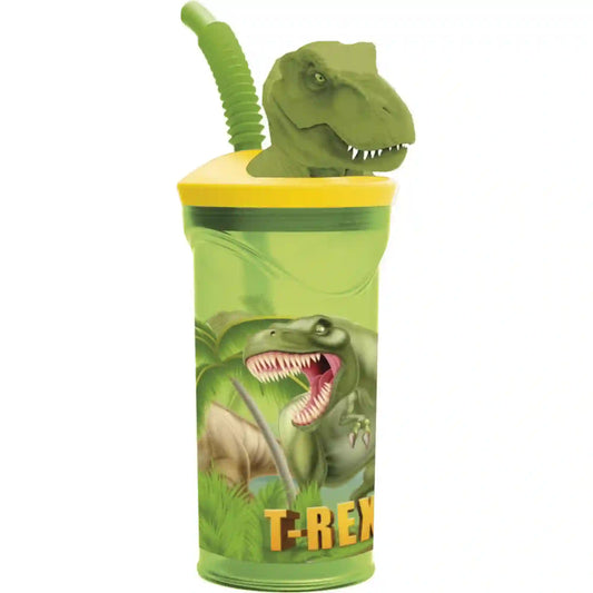 STOR dinoszaurusz mintás 360 ml-es gyerekpohár, áttetsző zöld pohártesttel, sárga fedéllel, hajlítható zöld szívószállal, 3D T-Rex fejjel és dinoszauruszos mintával.