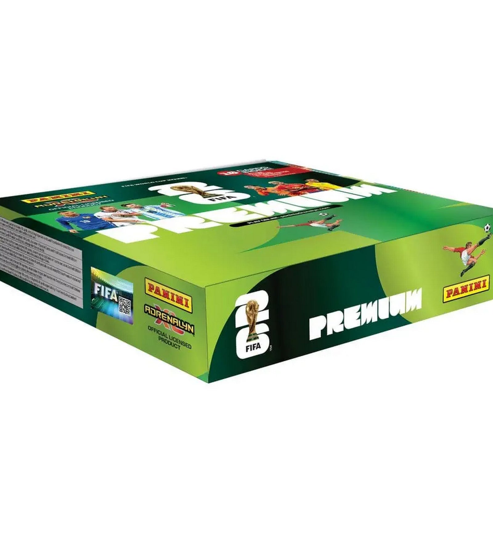 Panini FIFA World Cup 2026 Adrenalyn XL Premium Pocket gyűjtőkártya doboz 10 csomaggal, zöld világbajnoki csomagolással és futballsztárokat ábrázoló grafikával