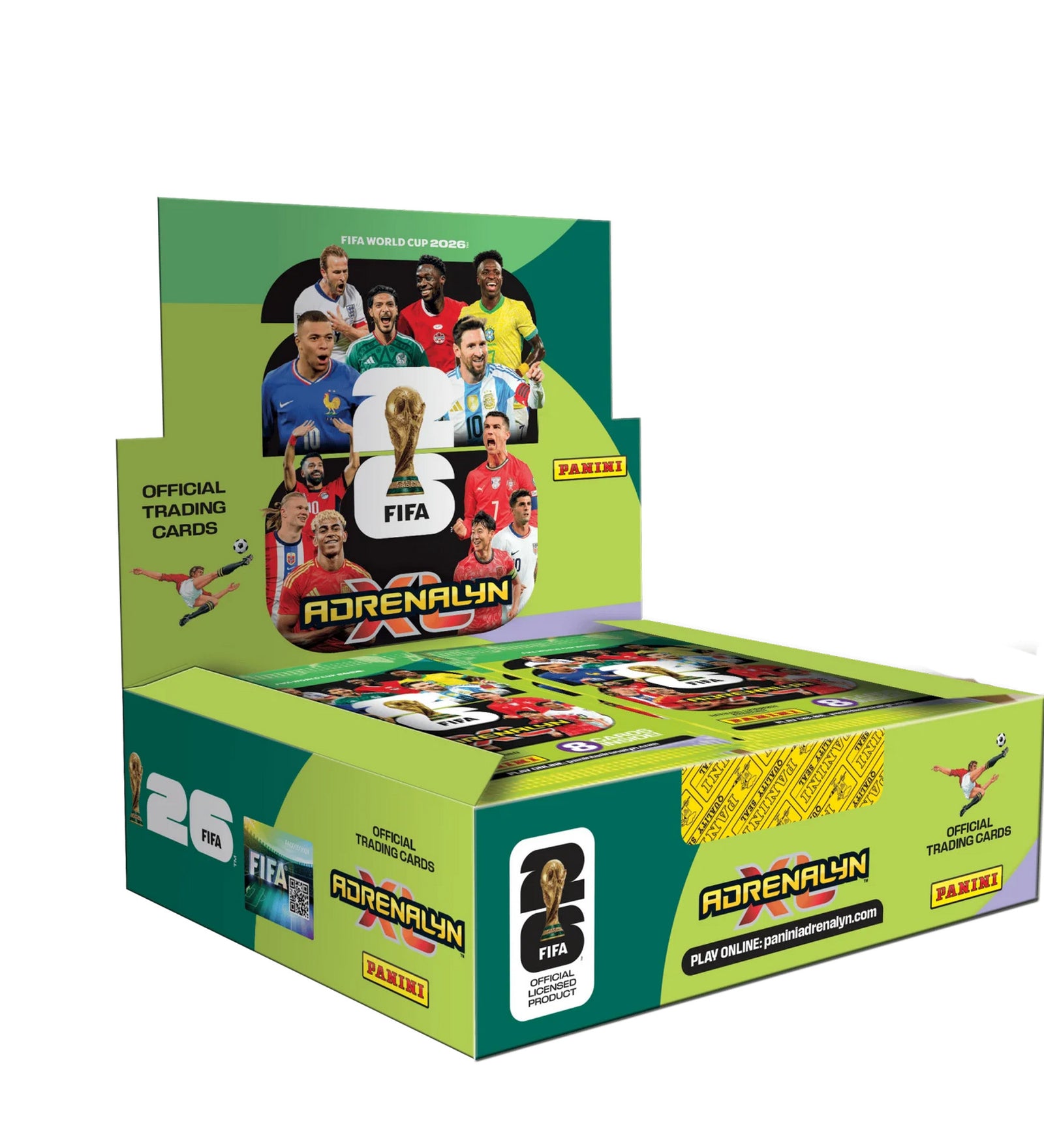 Panini FIFA World Cup 2026 Adrenalyn XL gyűjtőkártya display doboz 24 csomaggal, zöld világbajnoki csomagolással és futballsztárokat ábrázoló grafikával