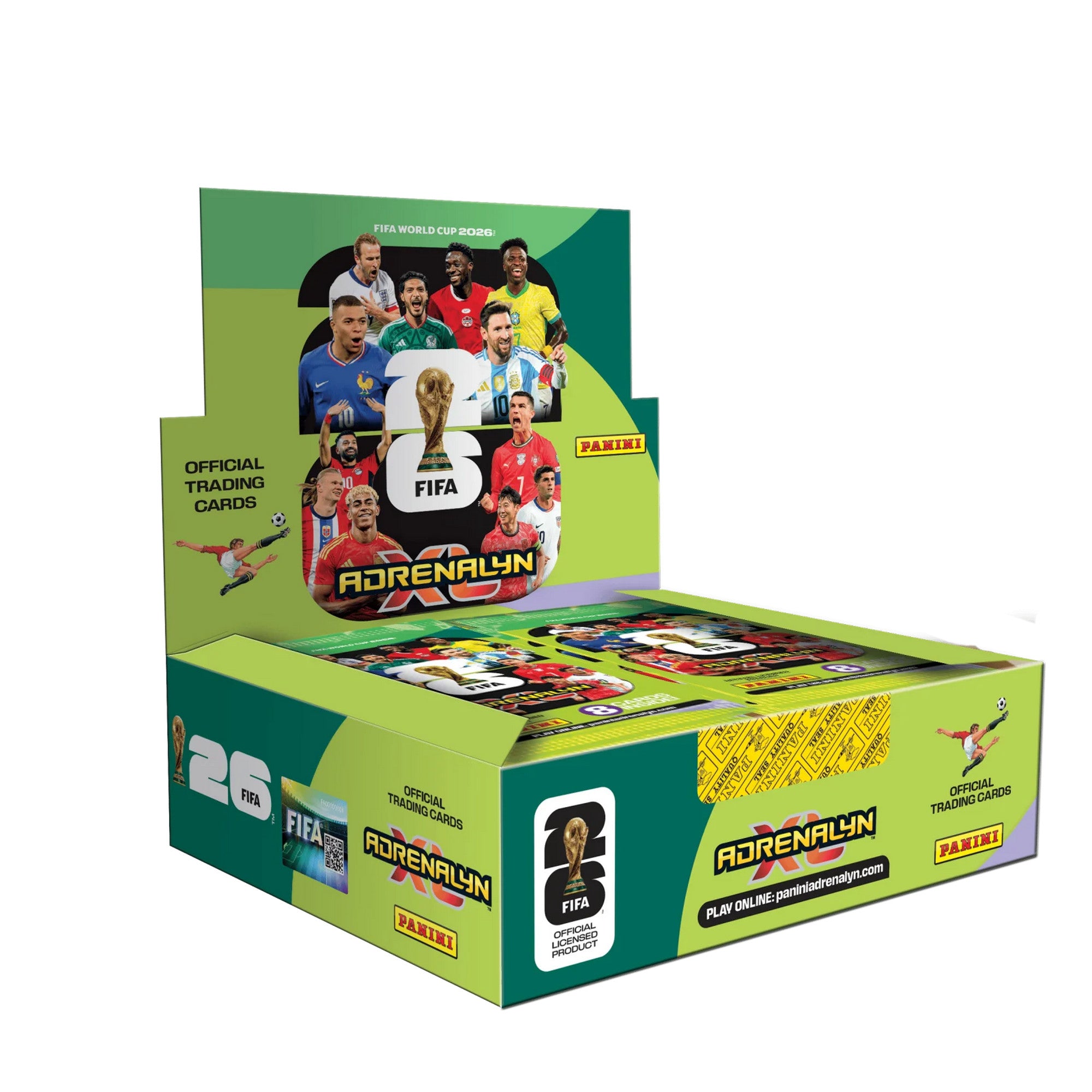 Panini FIFA World Cup 2026 Adrenalyn XL gyűjtőkártya display doboz 24 csomaggal, zöld világbajnoki csomagolással és futballsztárokat ábrázoló grafikával