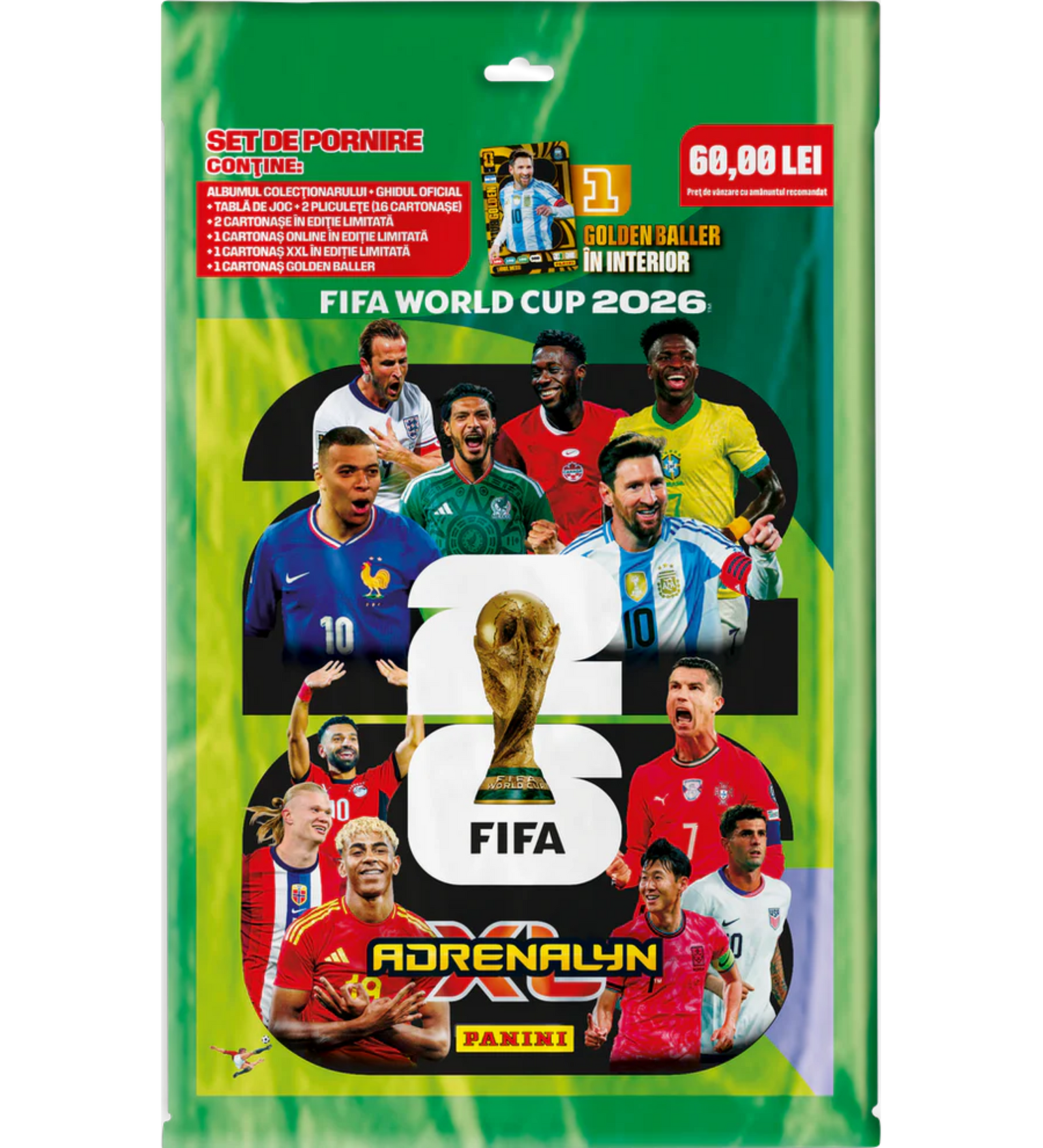 Set Panini FIFA World Cup 2026 Adrenalyn XL Starter Pack gyűjtőkártya kezdőcsomag, zöld csomagolásban, világbajnoki játékosok grafikáival és Panini kártyagyűjtő készlettel