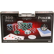 Poker Set – 300 darabos klasszikus készlet doboza piros-fekete dizájnnal, rajta zsetonok, kártyák, „DEALER” korong, valamint a csomag tartalma kiemelve.