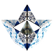 A Shashibo Arctic kocka háromszög formában, jeges tájakat és állatokat ábrázoló mintákkal, középen fókával és hóleopárddal.