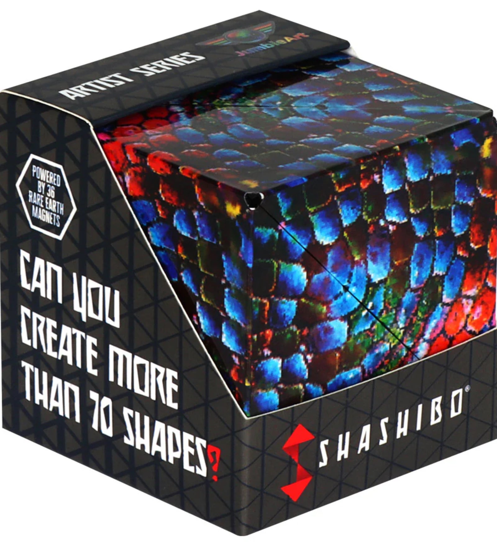 Első kép: A Shashibo: Chameleon mágneses átalakítható kocka doboza, színes, pikkelyszerű mintázattal, a „Can you create more than 70 shapes?” felirattal.