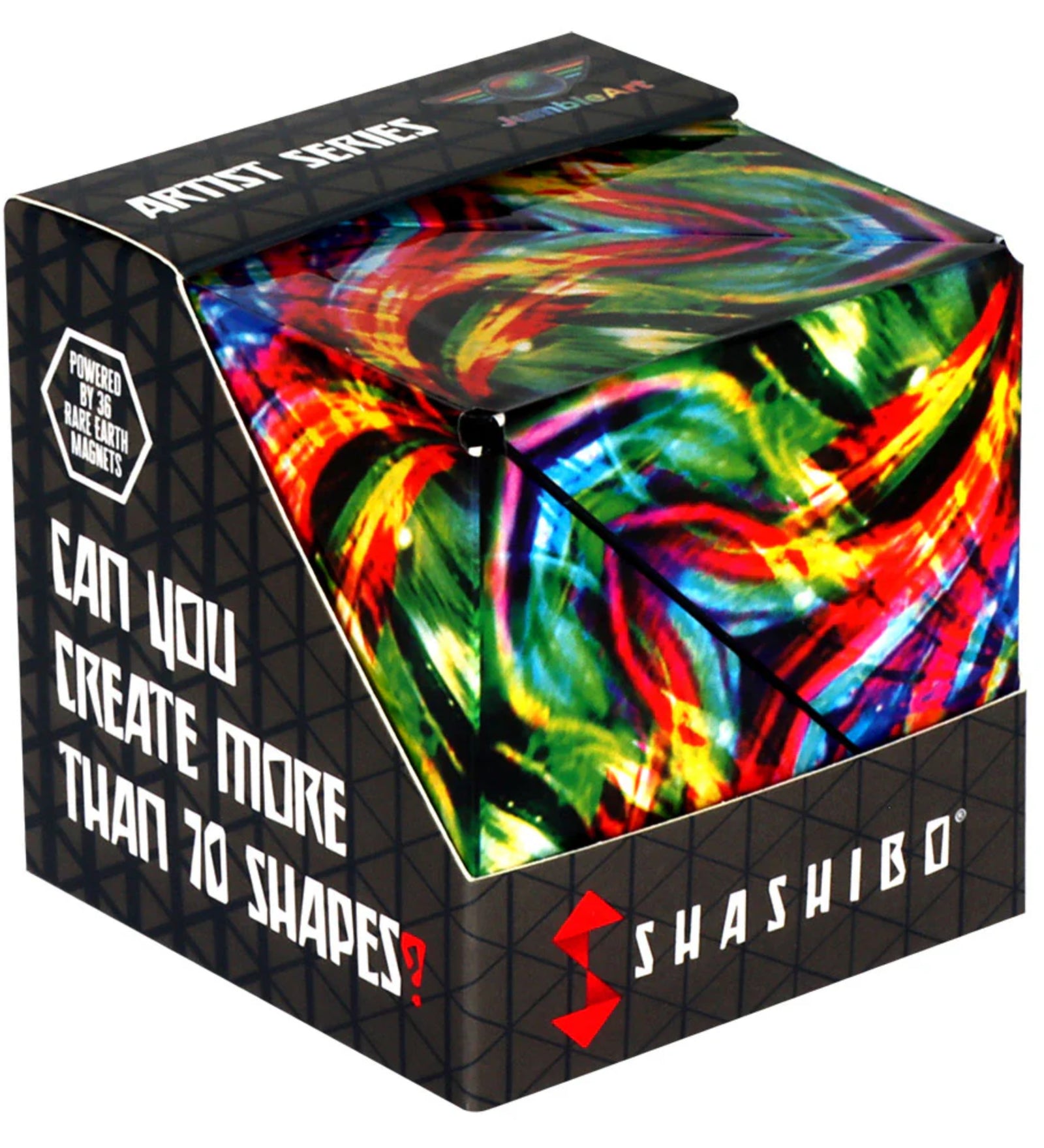A Shashibo: Cosmic Surfer mágneses átalakítható kocka doboza, élénk, örvénylő piros, sárga, zöld és kék mintával, a „Can you create more than 70 shapes?” felirattal.