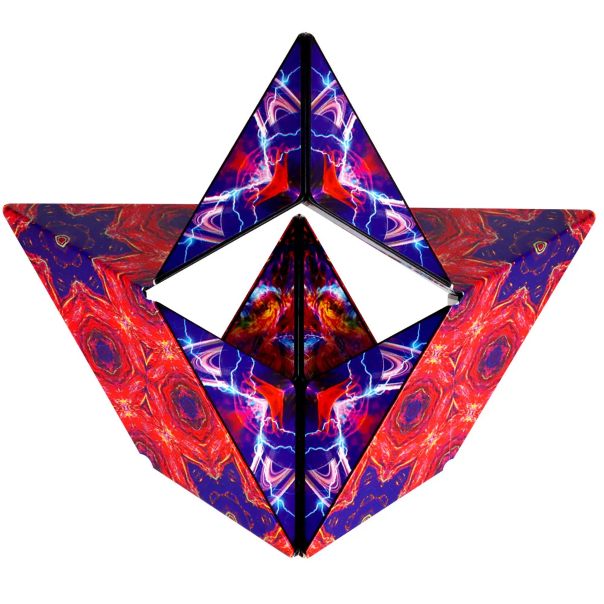 Első kép: A Shashibo Artist Series doboza, amely a piros és kék kaleidoszkópszerű mintájú mágneses kockát mutatja, a felirattal: „Can you create more than 70 shapes?”.