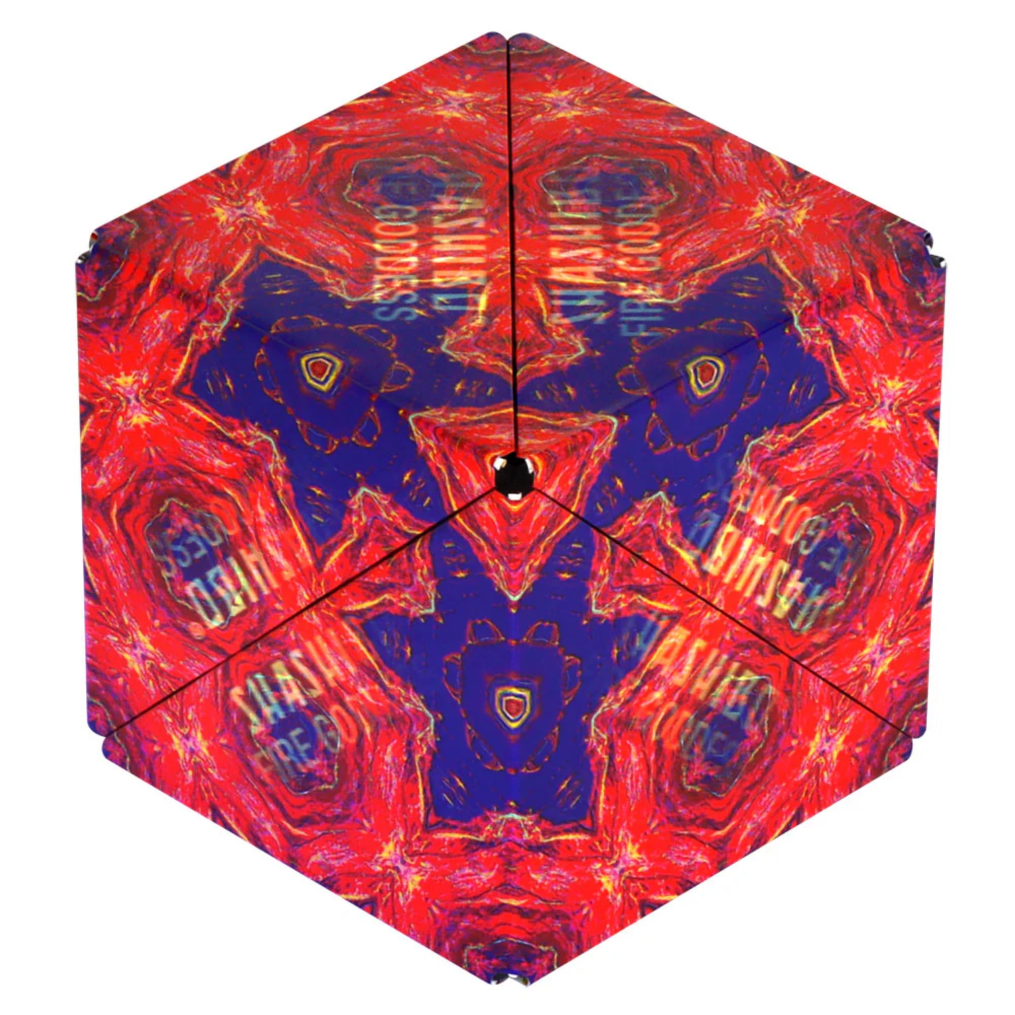 Második kép: A Shashibo mágneses kocka közelről, piros és kék, absztrakt geometriai mintákkal, hatszög alakban kiterítve.