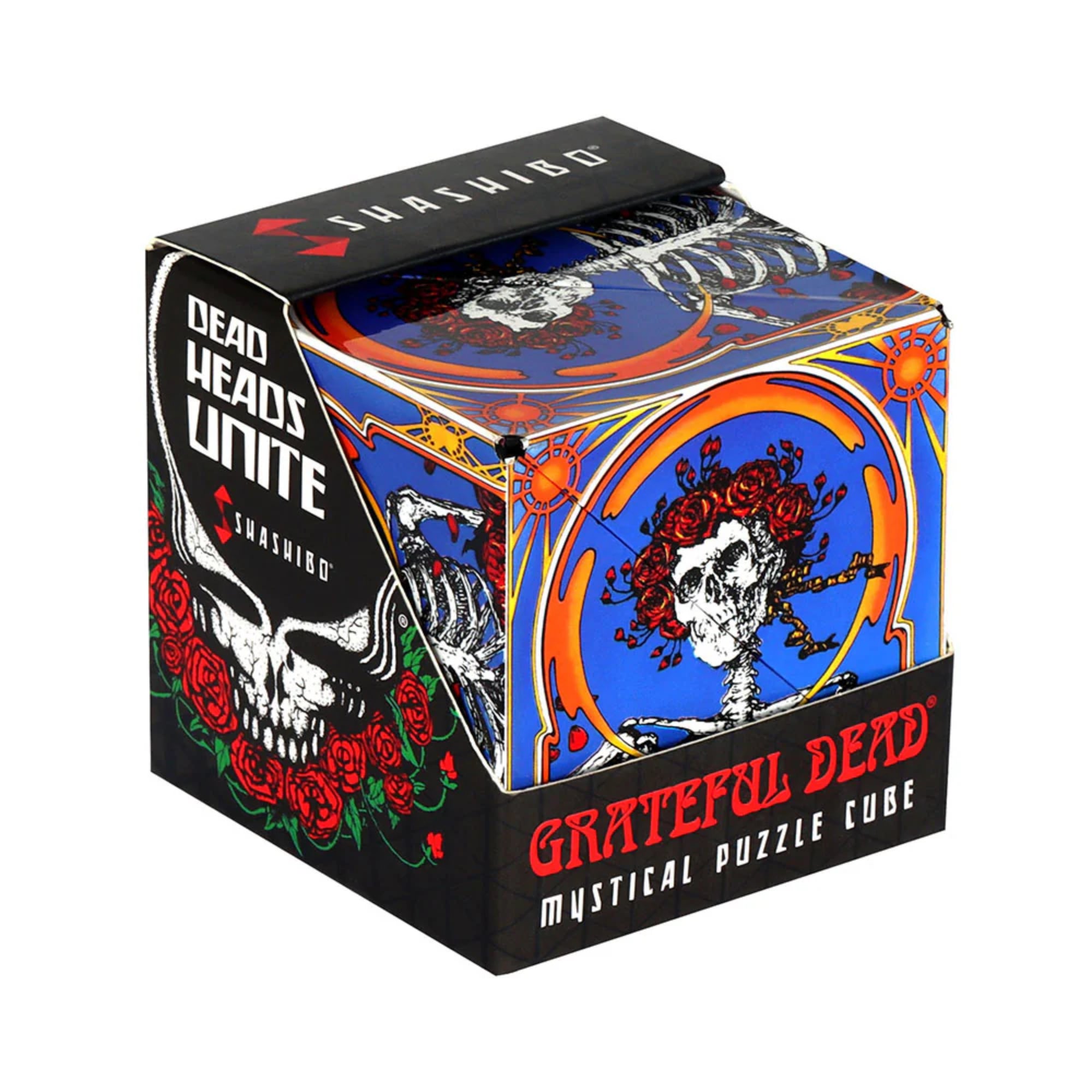 A Shashibo: Skull & Roses mágneses átalakítható kocka doboza, a Grateful Dead híres koponya és rózsás motívumával díszítve, élénk kék és narancssárga háttérrel, fekete alapon piros rózsákkal és „Dead Heads Unite” felirattal.