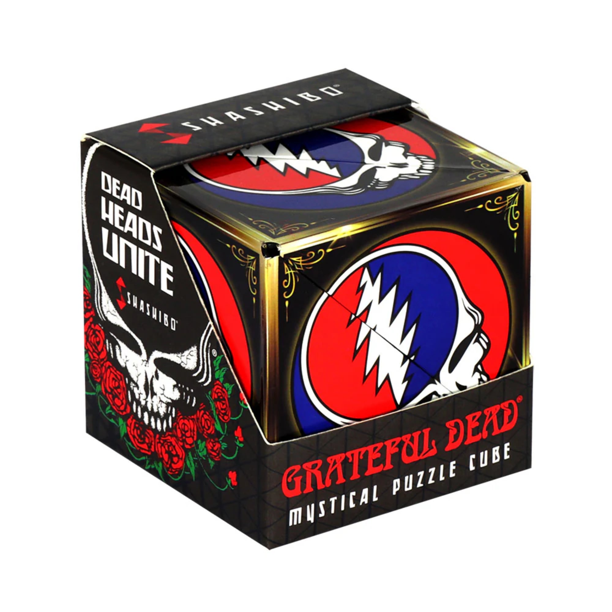 A Shashibo: Steal Your Face mágneses átalakítható kocka doboza, a Grateful Dead ikonikus koponya és villám logójával, piros-kék háttérrel, fekete alapon piros rózsás díszítéssel és „Dead Heads Unite” felirattal.