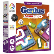Smart Games Genius Connection kétszemélyes logikai játék doboza színes pályaelemekkel és dobókockákkal.