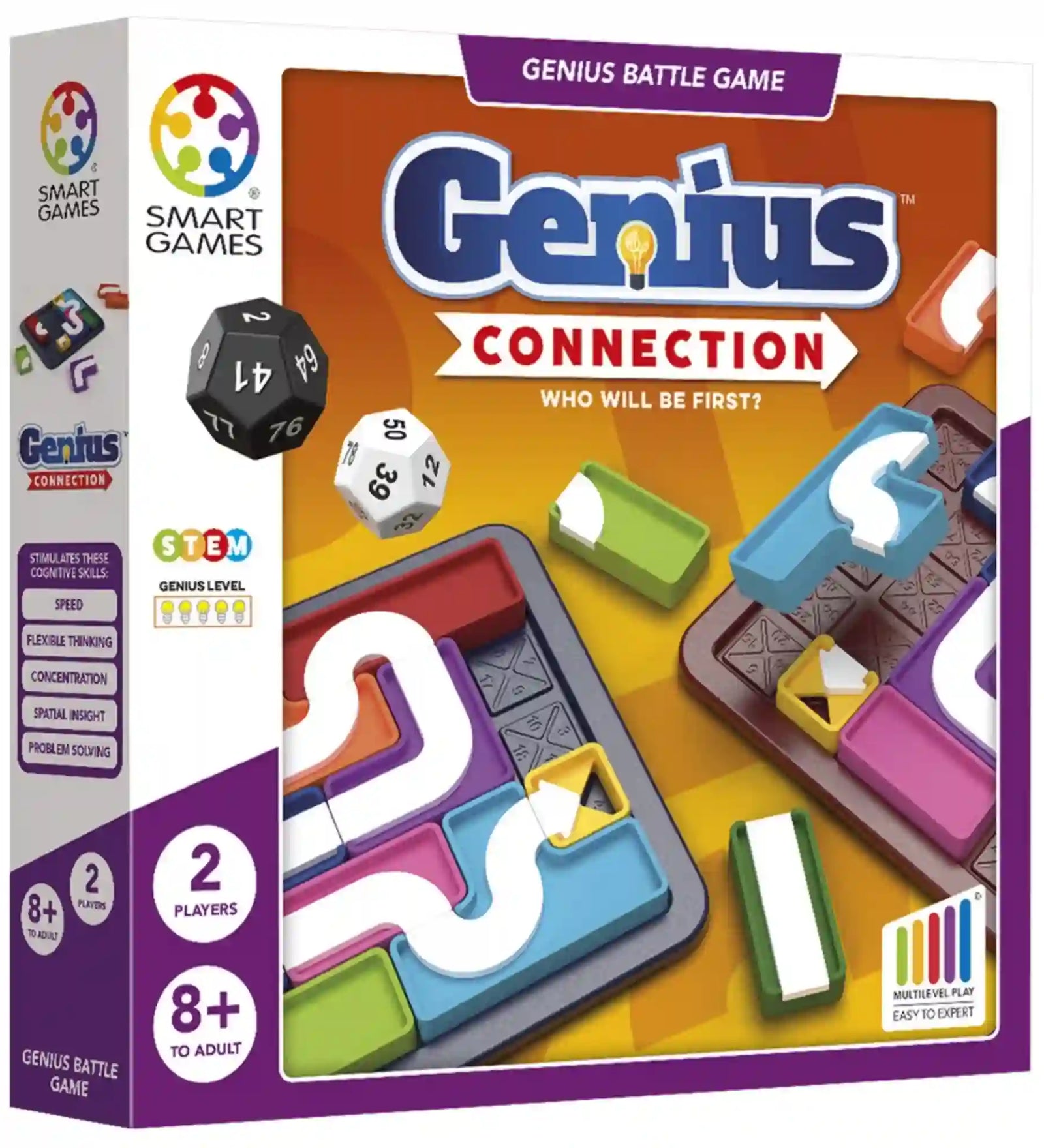 Smart Games Genius Connection kétszemélyes logikai játék doboza színes pályaelemekkel és dobókockákkal.