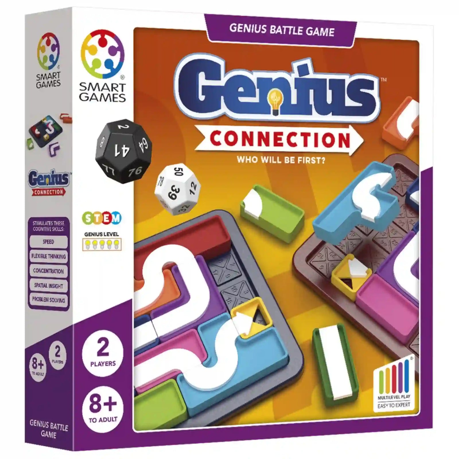 Smart Games Genius Connection kétszemélyes logikai játék doboza színes pályaelemekkel és dobókockákkal.