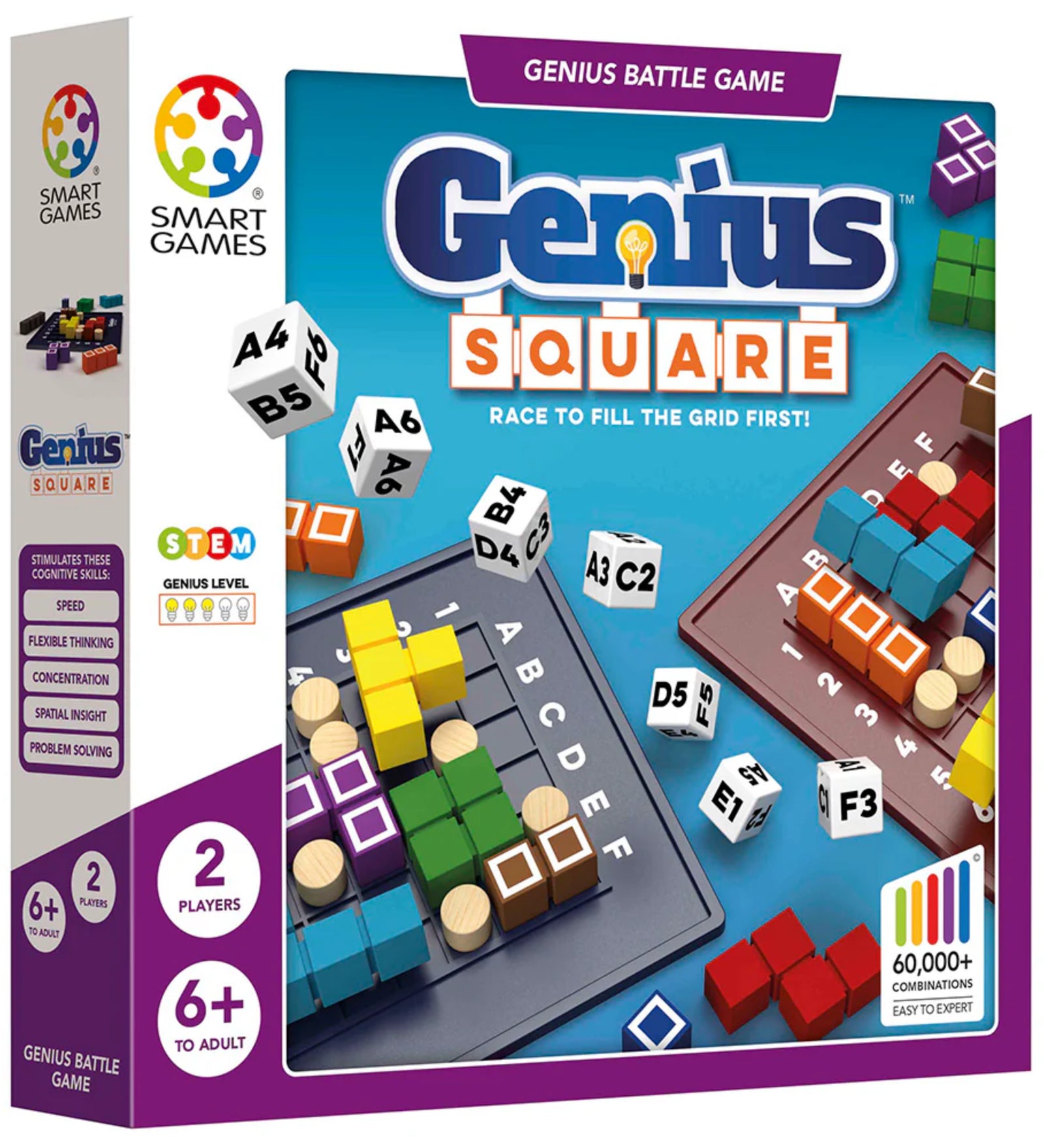 Genius Square logikai társasjáték doboza, Smart Games kiadás, 2 játékos részére, színes elemekkel és dobókockákkal illusztrálva.