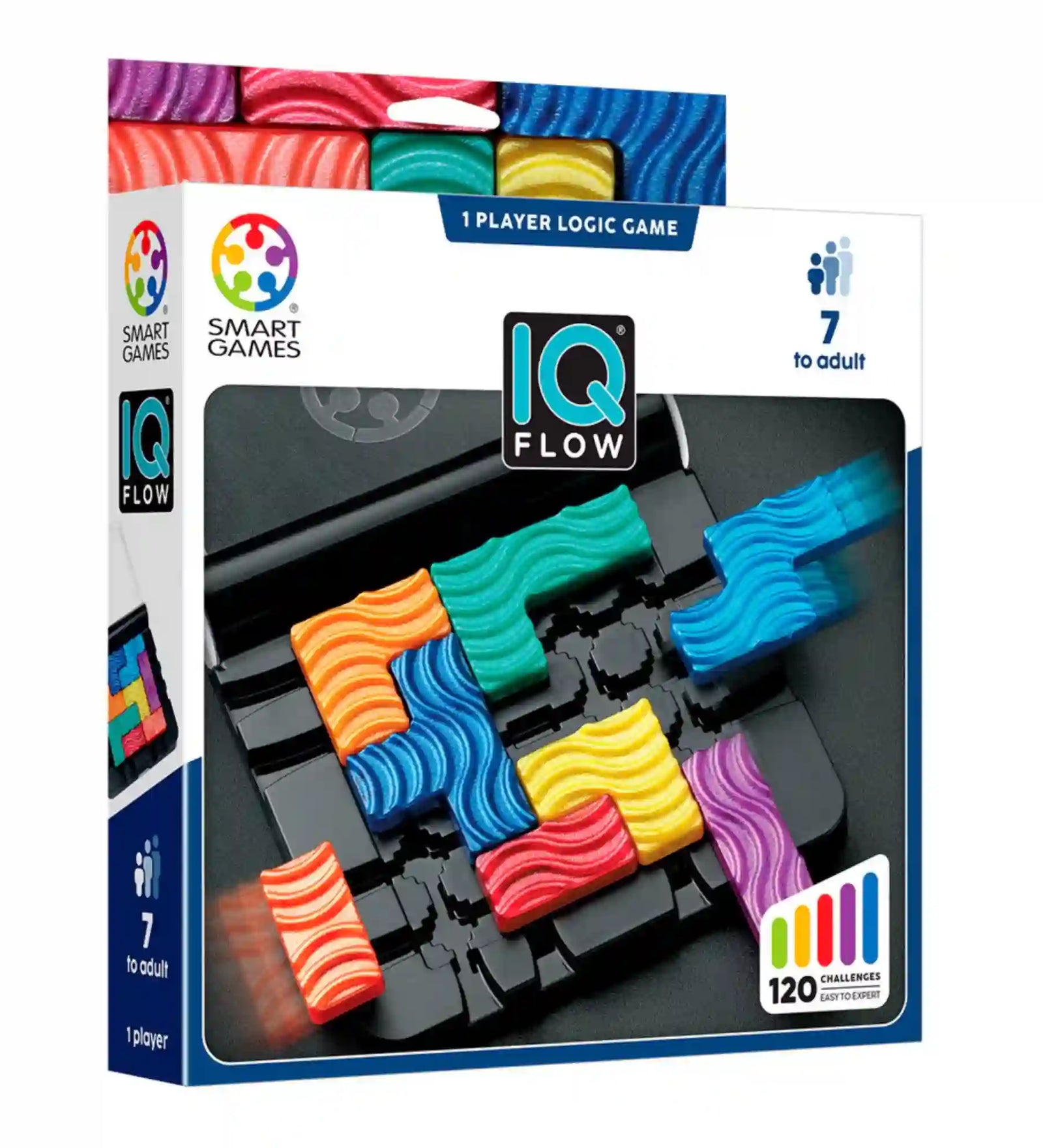 Smart Games IQ Flow logikai játék doboza színes hullámmintás puzzle elemekkel és egyszemélyes kihívásokkal 7 éves kortól.