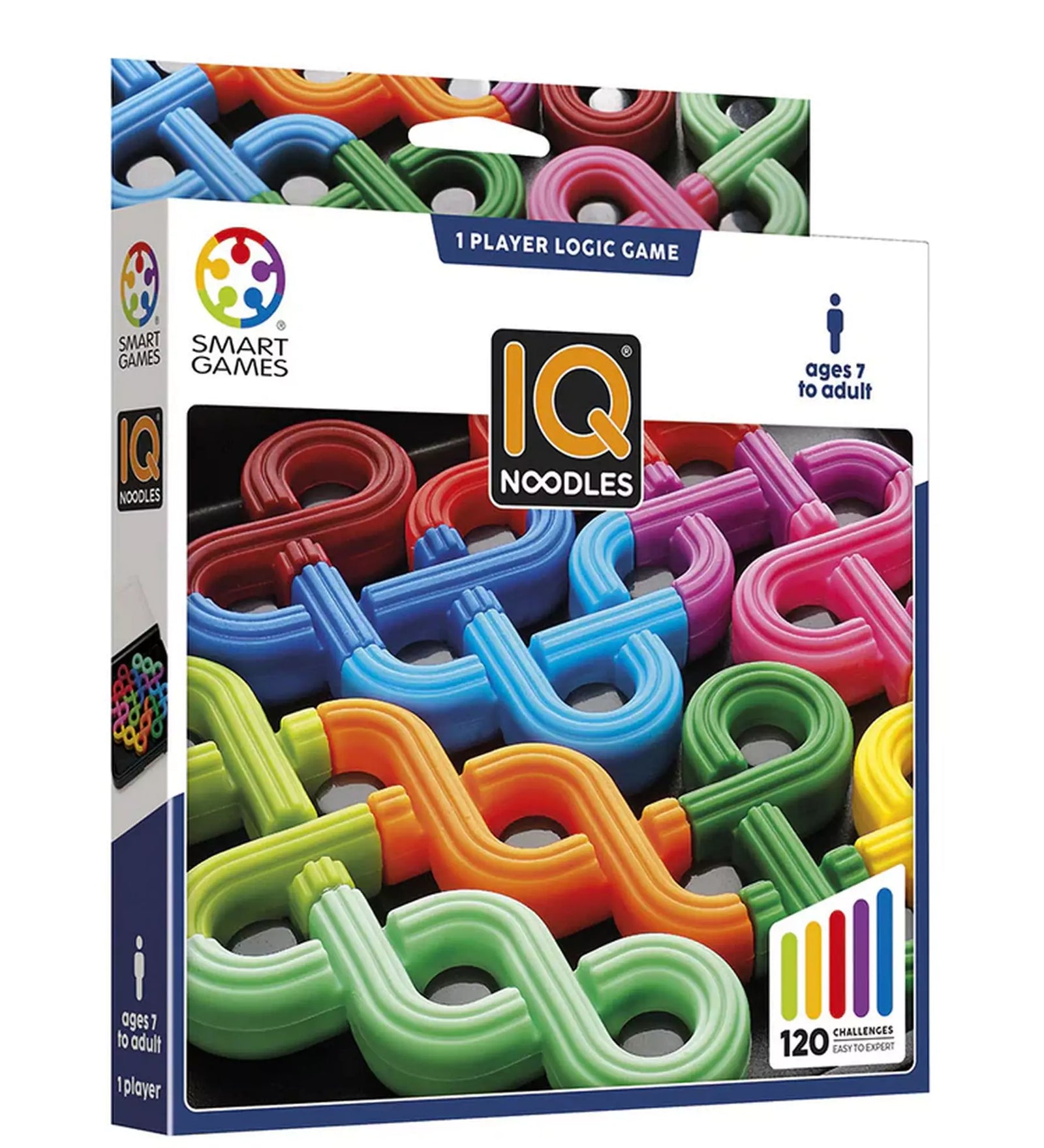 A Smart Games: IQ Noodles logikai játék doboza, amely színes, hajlított formájú elemeket tartalmaz. A játék egyéni kihívásokat kínál, és 120 feladványt tartalmaz különböző nehézségi szinteken.