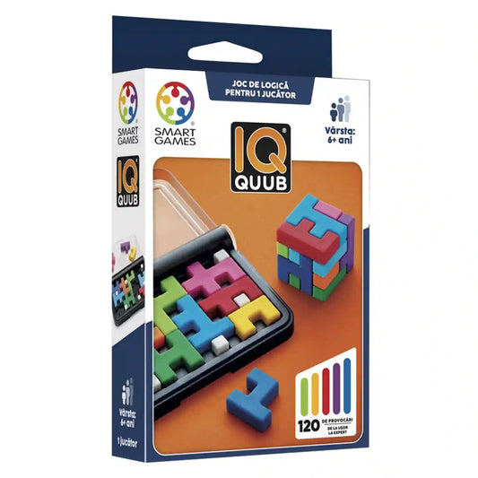 Smart Games IQ Quub logikai játék doboza a hordozható játéktáblával és színes 3D kirakóelemekkel.