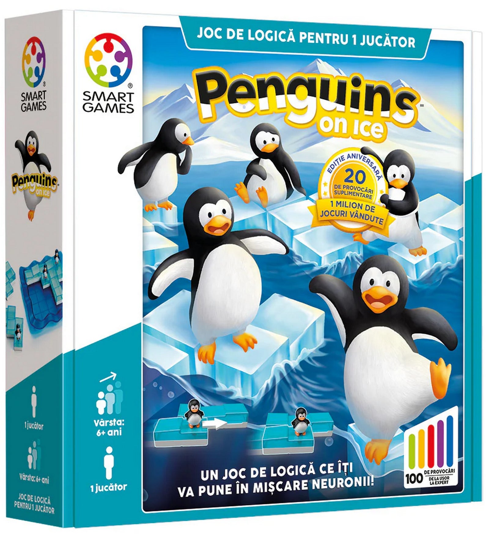 „Penguins on Ice doboza vidám pingvinekkel és jégtömbös háttérrel, 100 logikai kihívást hirdető grafikával.”
