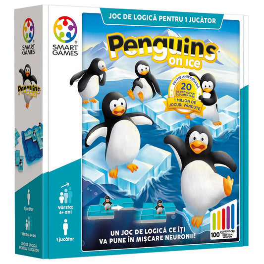 „Penguins on Ice doboza vidám pingvinekkel és jégtömbös háttérrel, 100 logikai kihívást hirdető grafikával.”