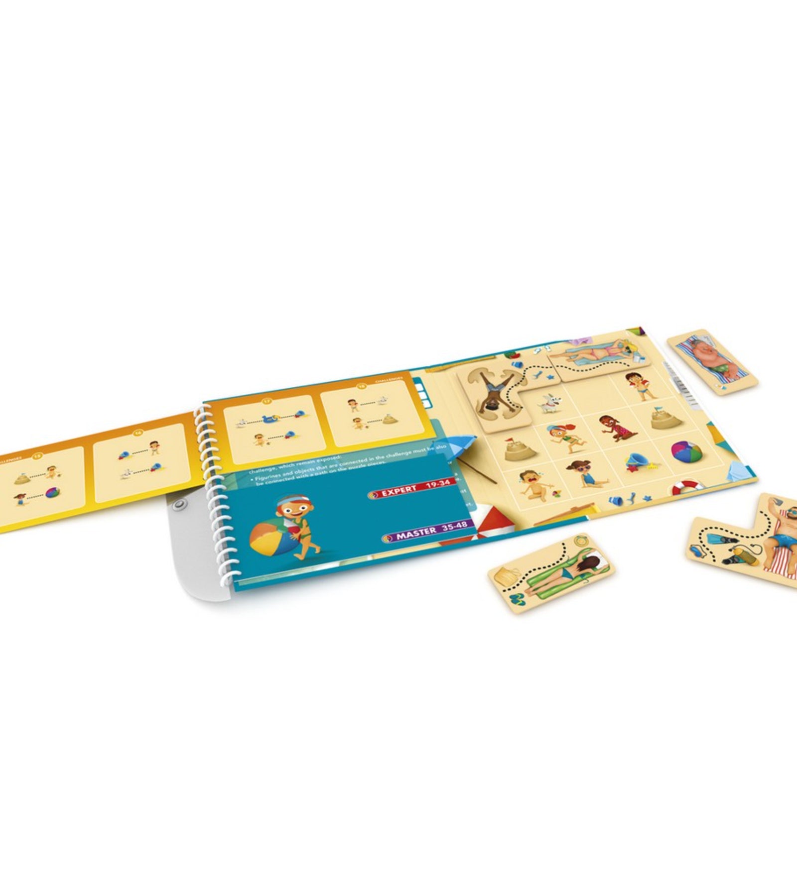 Smart Games Puzzle Beach játéktábla – A mágneses puzzle játék nyitott állapotban, különböző kihívásokkal és elhelyezhető figurákkal a tengerparti jelenetek megoldásához.