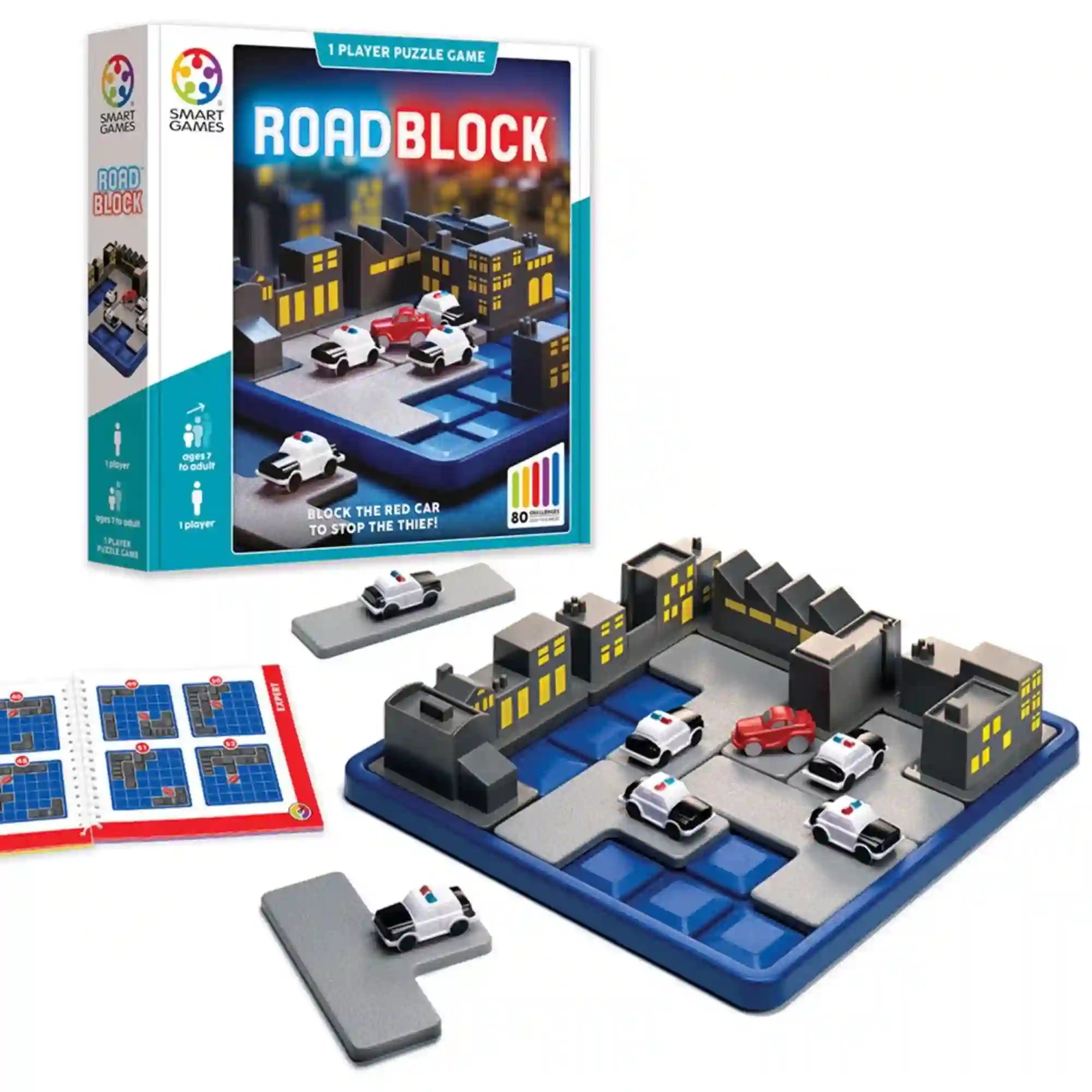 RoadBlock Smart Games logikai játék doboza, játéktáblája rendőrautókkal, piros autóval és feladványfüzettel.