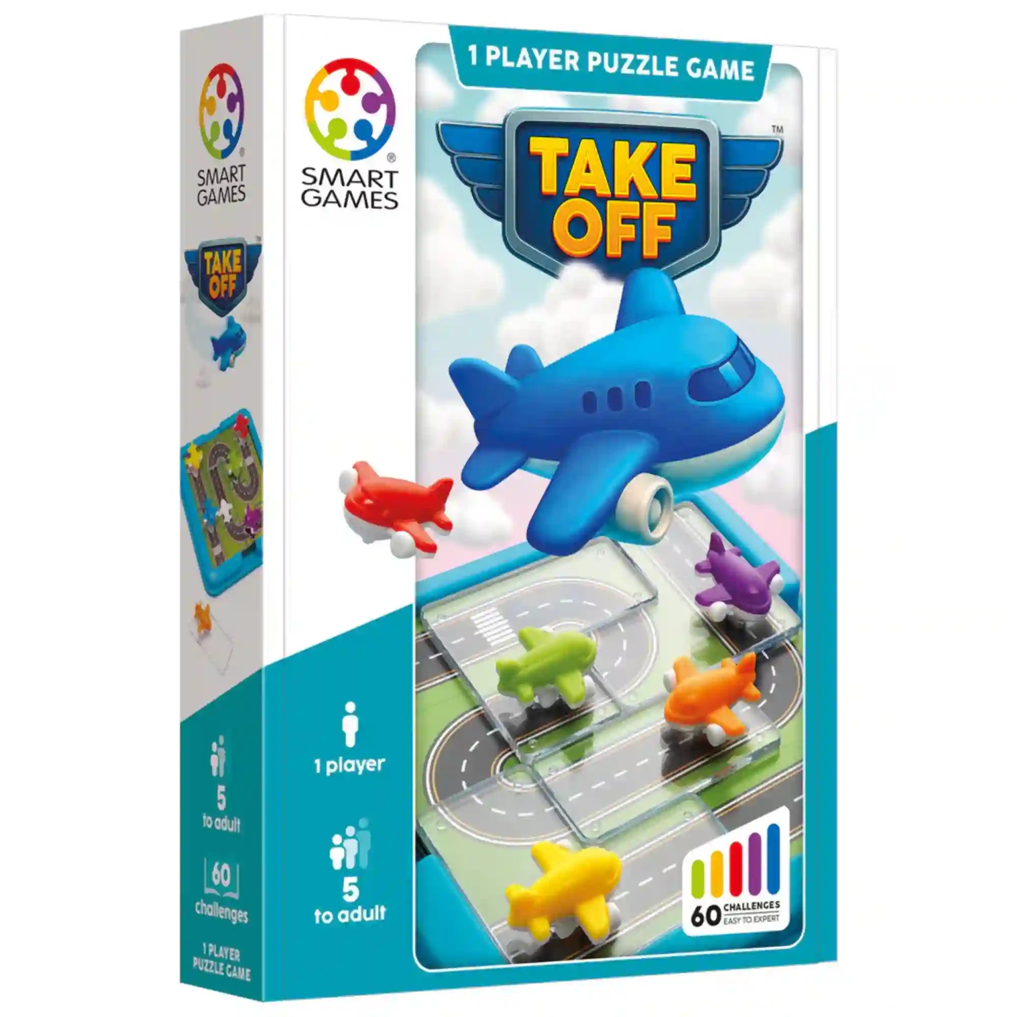 Smart Games Take Off társasjáték doboza színes repülőgépekkel és egyszemélyes logikai feladatokkal 5 éves kortól.
