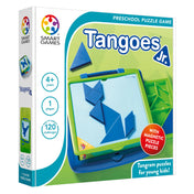 A képen a Tangoes Junior logikai játék doboza látható, amelyet a Smart Games készített. A doboz színes, figyelemfelkeltő dizájnnal rendelkezik, főként zöld és kék árnyalatok dominálnak. A középen elhelyezkedő tábla mágneses tangram elemeket tartalmaz, amelyek segítségével a gyerekek különféle formákat és állatokat rakhatnak ki. A bal oldalon található ikonok alapján megtudjuk, hogy a játék 4 éves kortól ajánlott, egy játékos számára készült, és 120 kihívást tartalmaz. 
