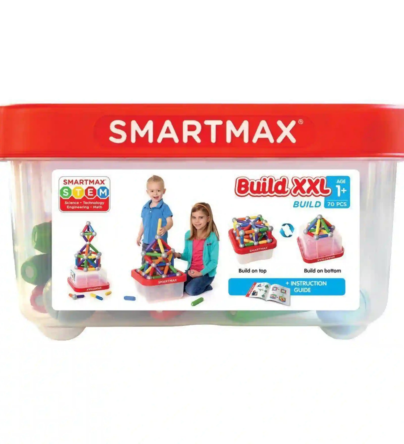 SmartMax Build XXL mágneses építőjáték doboz, 70 darabos készlettel, ahol gyerekek színes rudakból és golyókból építenek.