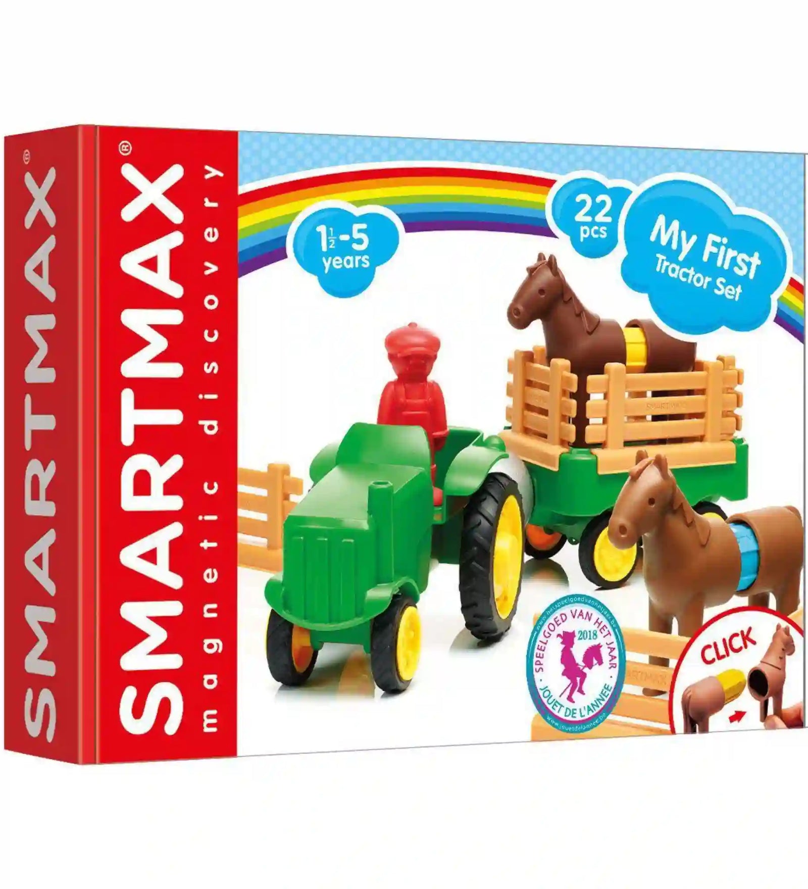 SmartMax My First Tractor Set mágneses építőjáték doboz, zöld traktorral, pótkocsival és lovakkal, kisgyermekek számára.