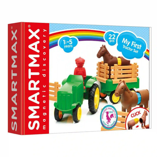 SmartMax My First Tractor Set mágneses építőjáték doboz, zöld traktorral, pótkocsival és lovakkal, kisgyermekek számára.