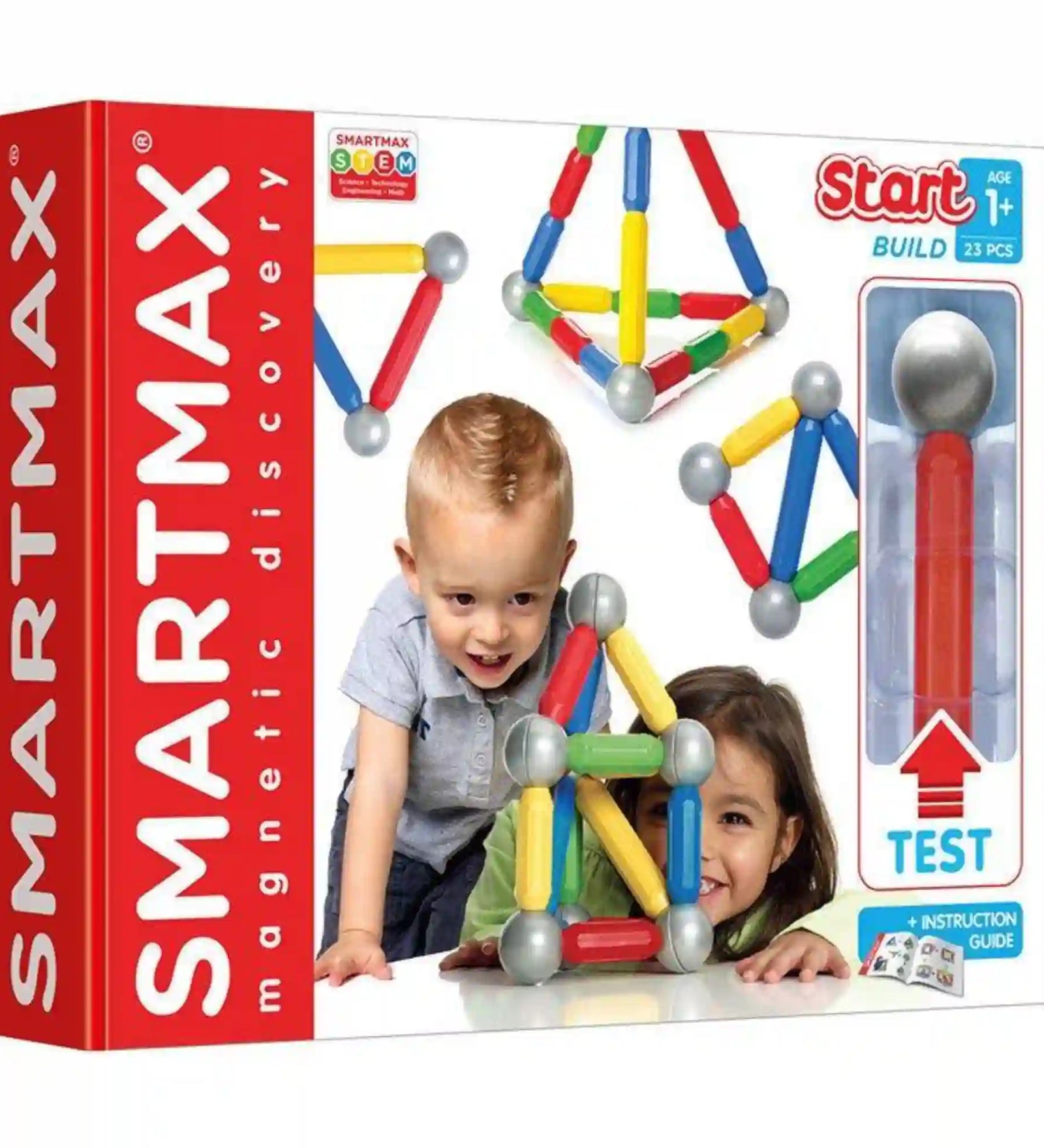 SmartMax Start mágneses építőjáték doboz, ahol kisgyermekek építenek színes elemekből egyszerű szerkezeteket.