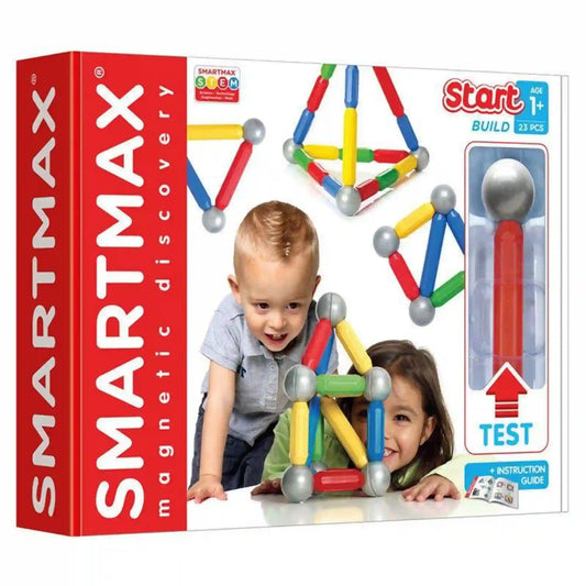 SmartMax Start mágneses építőjáték doboz, ahol kisgyermekek építenek színes elemekből egyszerű szerkezeteket.