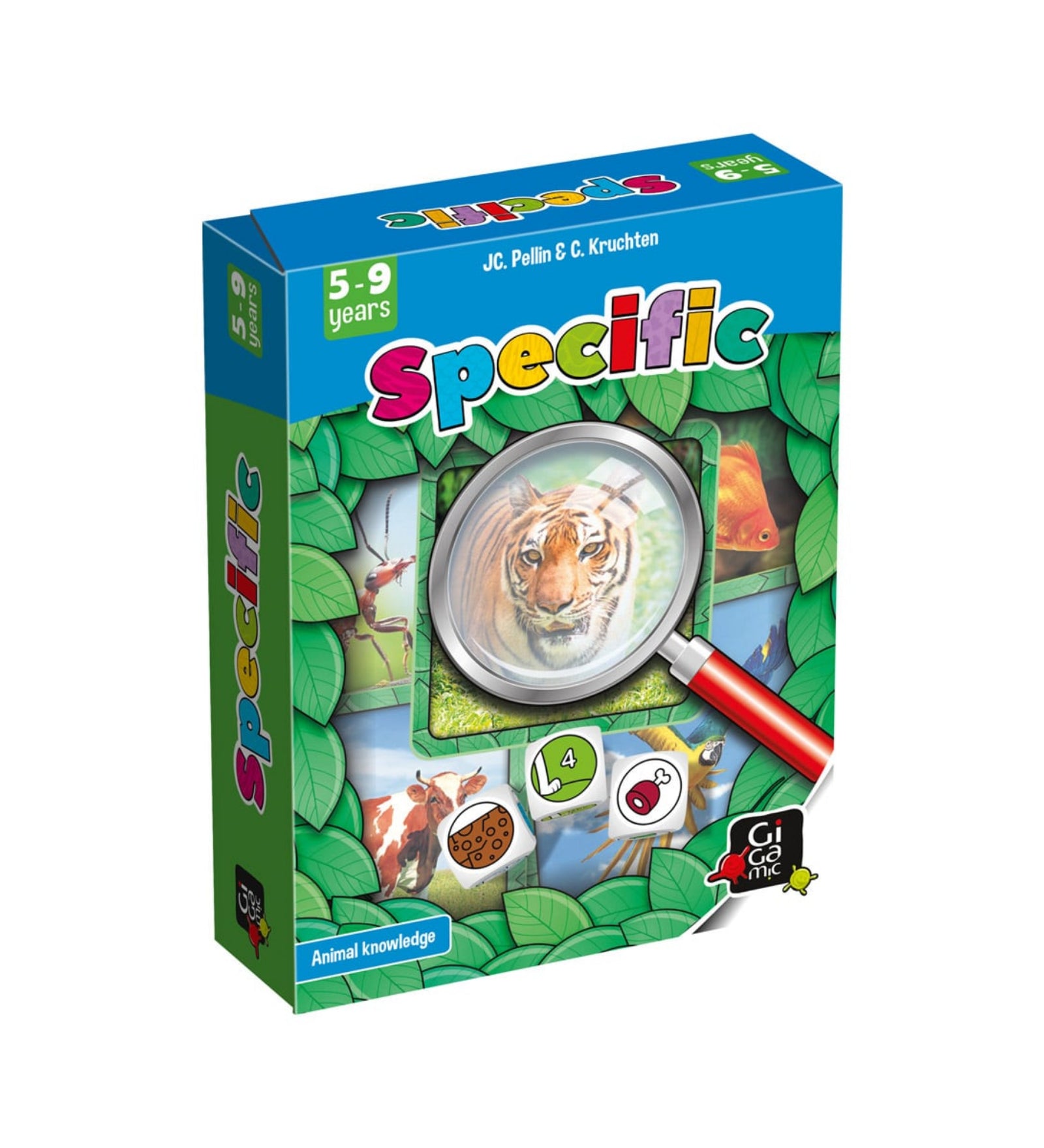 A Specific társasjáték doboza közelebbről, nagyítóval és állatokkal díszítve. Tökéletes választás 5-9 éves gyermekek számára!