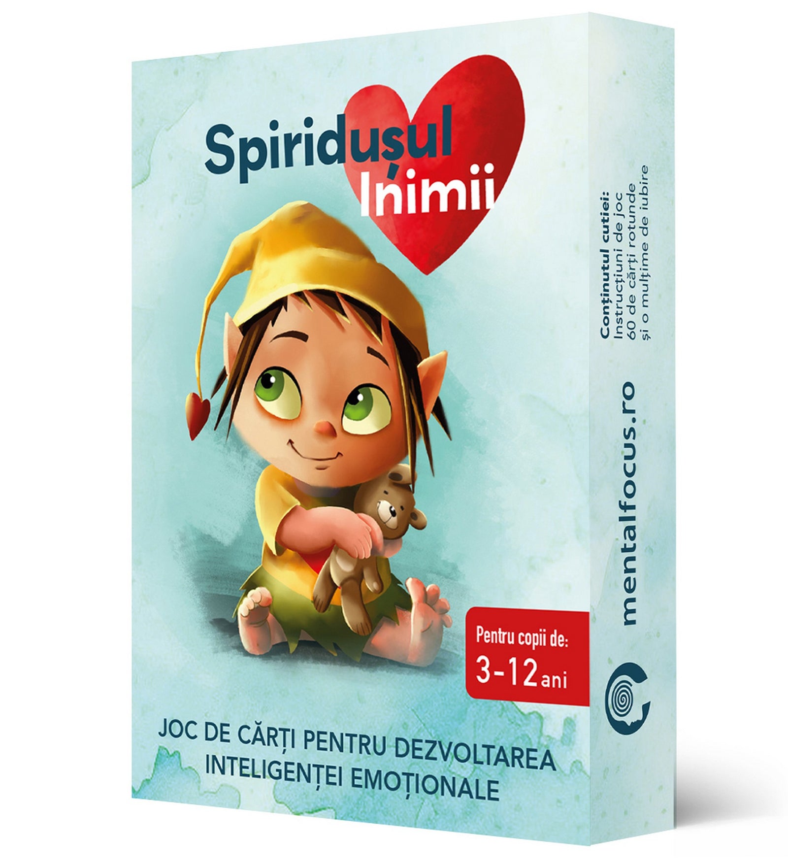 Spiridușul Inimii kártyajáték doboza plüssmackót tartó manóval, érzelmi intelligenciát fejlesztő játék 3–12 éves gyerekeknek.