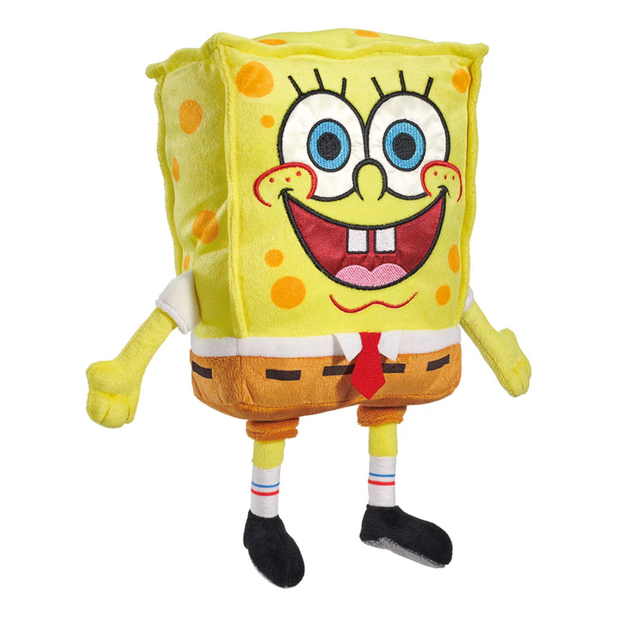Schmidt Spiele SpongeBob SquarePants plüssfigura – mosolygó SpongyaBob plüssfigura oldalnézetből, puha sárga anyagból, barna nadrággal és fekete cipővel.