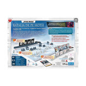 Star Wars: Bătălia de pe Hoth társasjáték hátoldala, játéktáblával, figurákkal, kártyákkal és a játékmenet bemutatásával.