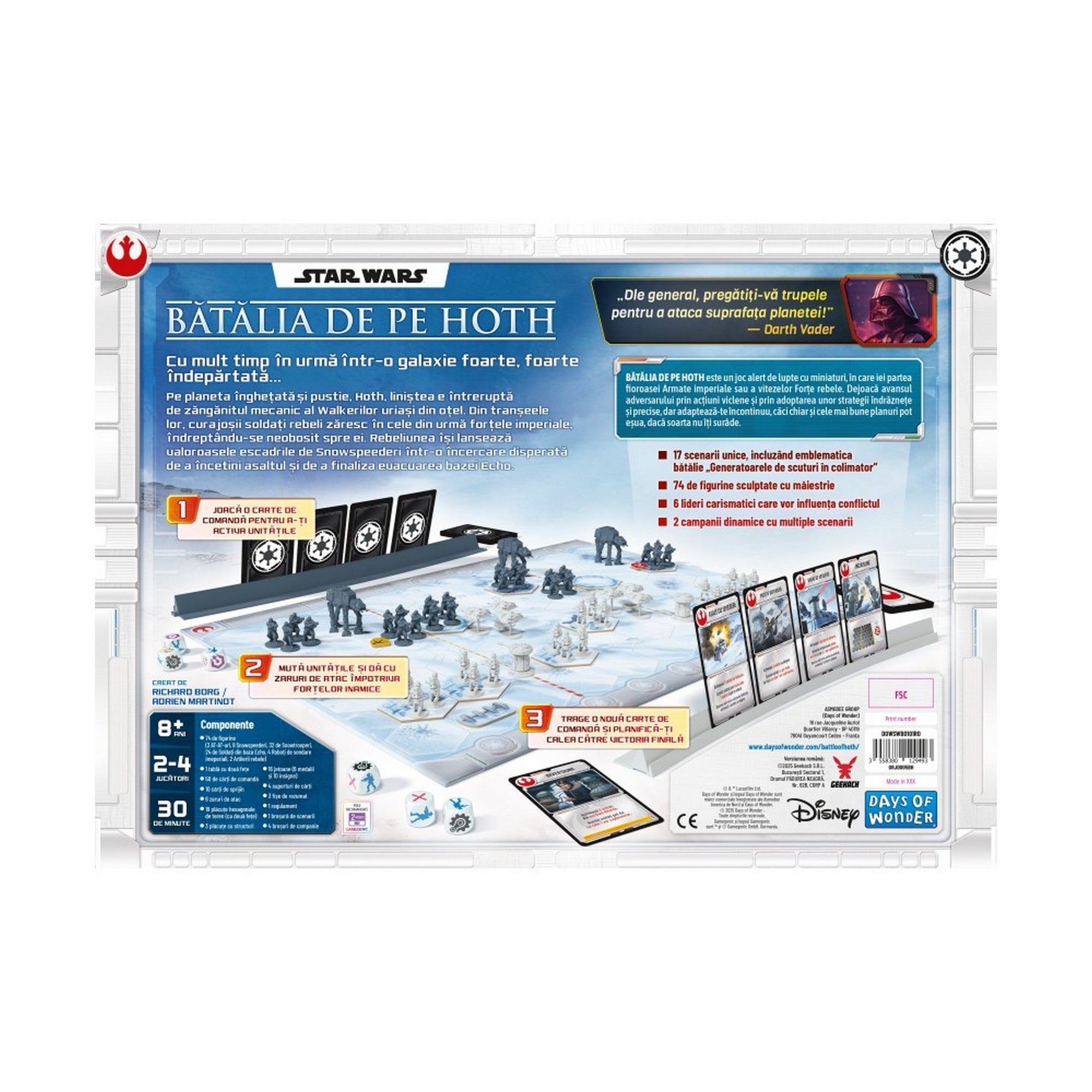 Star Wars: Bătălia de pe Hoth társasjáték hátoldala, játéktáblával, figurákkal, kártyákkal és a játékmenet bemutatásával.