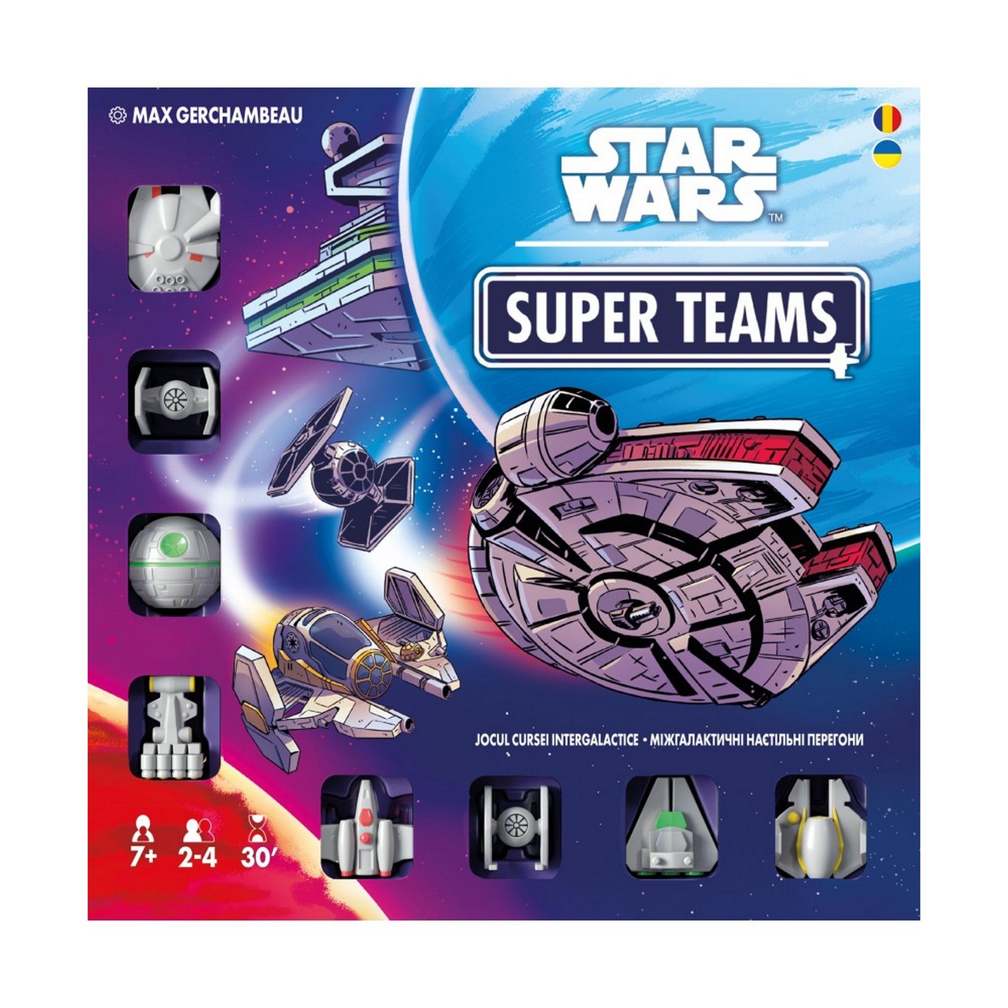 Star Wars Super Teams társasjáték előlapi doboza, űrhajós illusztrációkkal és Star Wars grafikával.