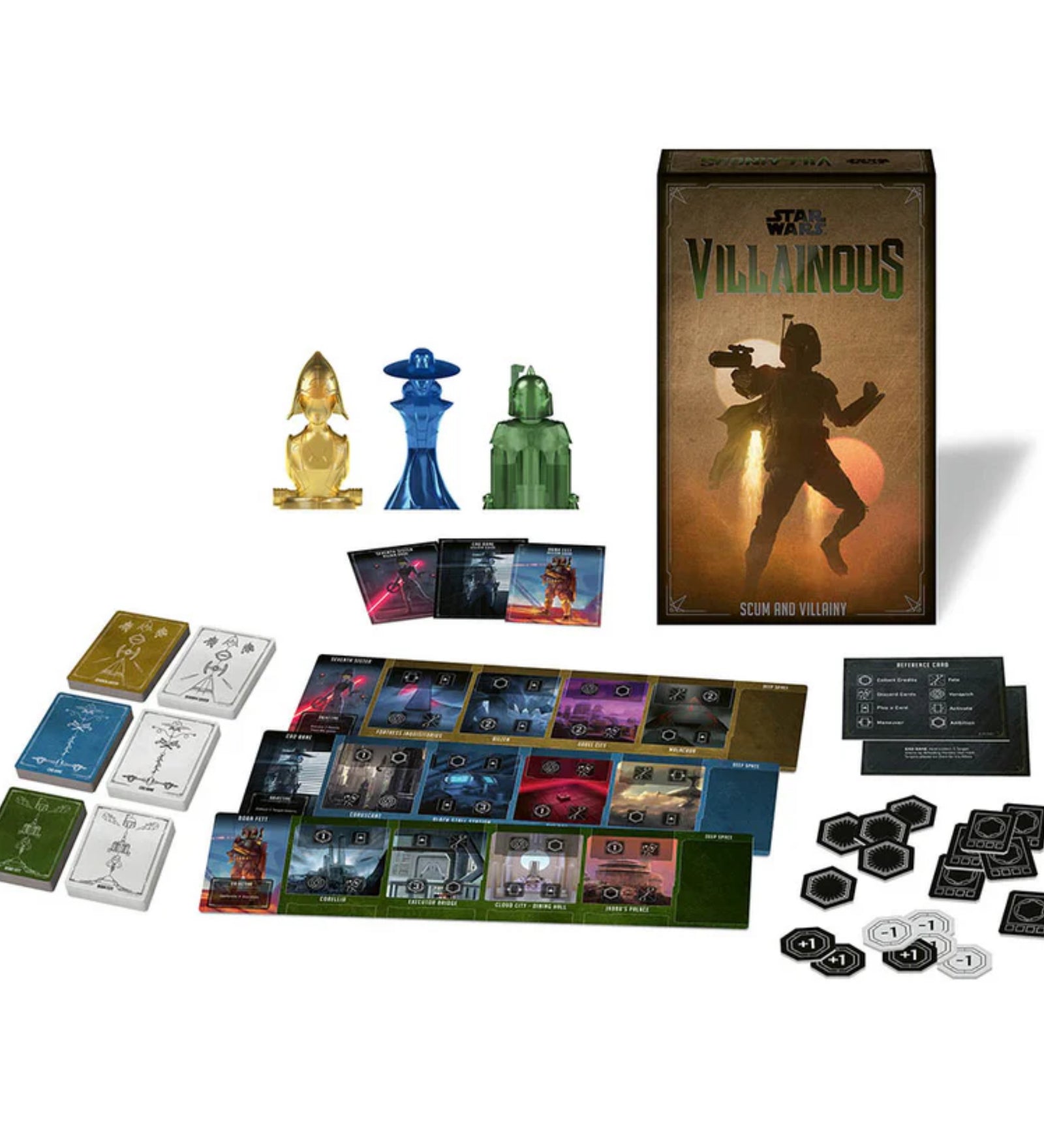 A képen a Star Wars: Villainous – Scum and Villainy társasjáték tartozékai láthatók kibontva. A doboz mellett három ikonikus, áttetsző műanyagból készült figura szerepel: Boba Fett zöldben, Cad Bane kékben és Leia hercegnő aranyszínű bűnözői alakban (valószínűleg egy alternatív karakter vagy kiegészítőből).

Az asztalon kártyapaklik, karakterlapok, különféle helyszíntáblák (mint például Cloud City, Coruscant, Tatooine) és egy halom jelzőlapka (hatás, pont, erőforrás stb.) terül el. 