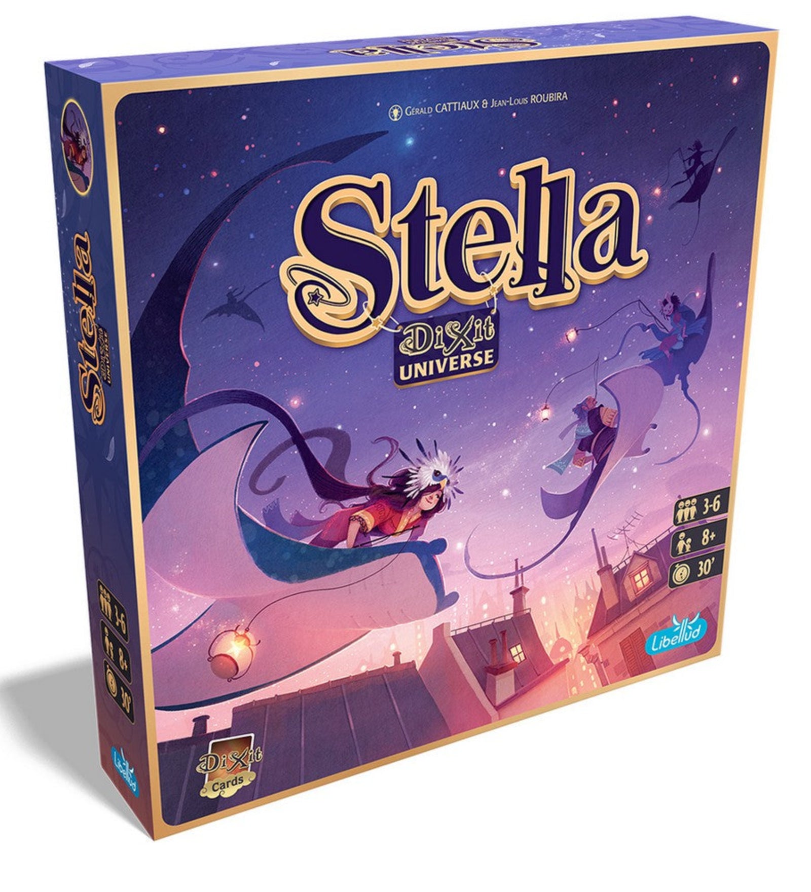 A Stella: Dixit Universe társasjáték doboza, amely lila színvilágú, csillagokkal teli éjszakai égboltot ábrázol. A borítón varázslatos hangulatú illusztráció látható, amelyen lebegő karakterek szárnyalnak a háztetők felett. A dobozon a játék neve nagy betűkkel szerepel, és a játékosok száma (3–6), az ajánlott életkor (8+), valamint a játékidő (30 perc) is feltüntetve van.