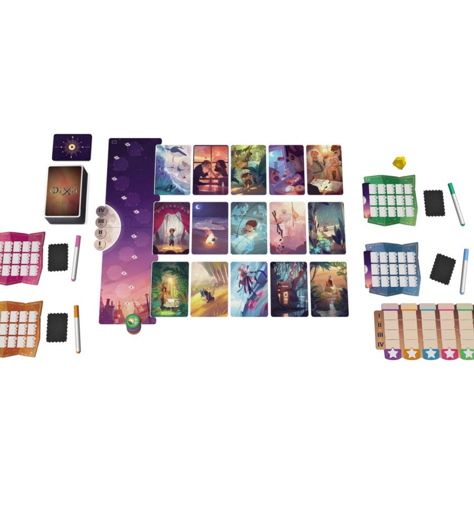 A Stella: Dixit Universe társasjáték kiterített tartalma, amely színes, fantáziadús illusztrációkkal ellátott kártyákból, játéktáblából, pontozólapokból, filctollakból és jelölőkből áll. A játék komponensei művészi grafikával díszítettek, amelyek a játék varázslatos és kreatív hangulatát tükrözik.