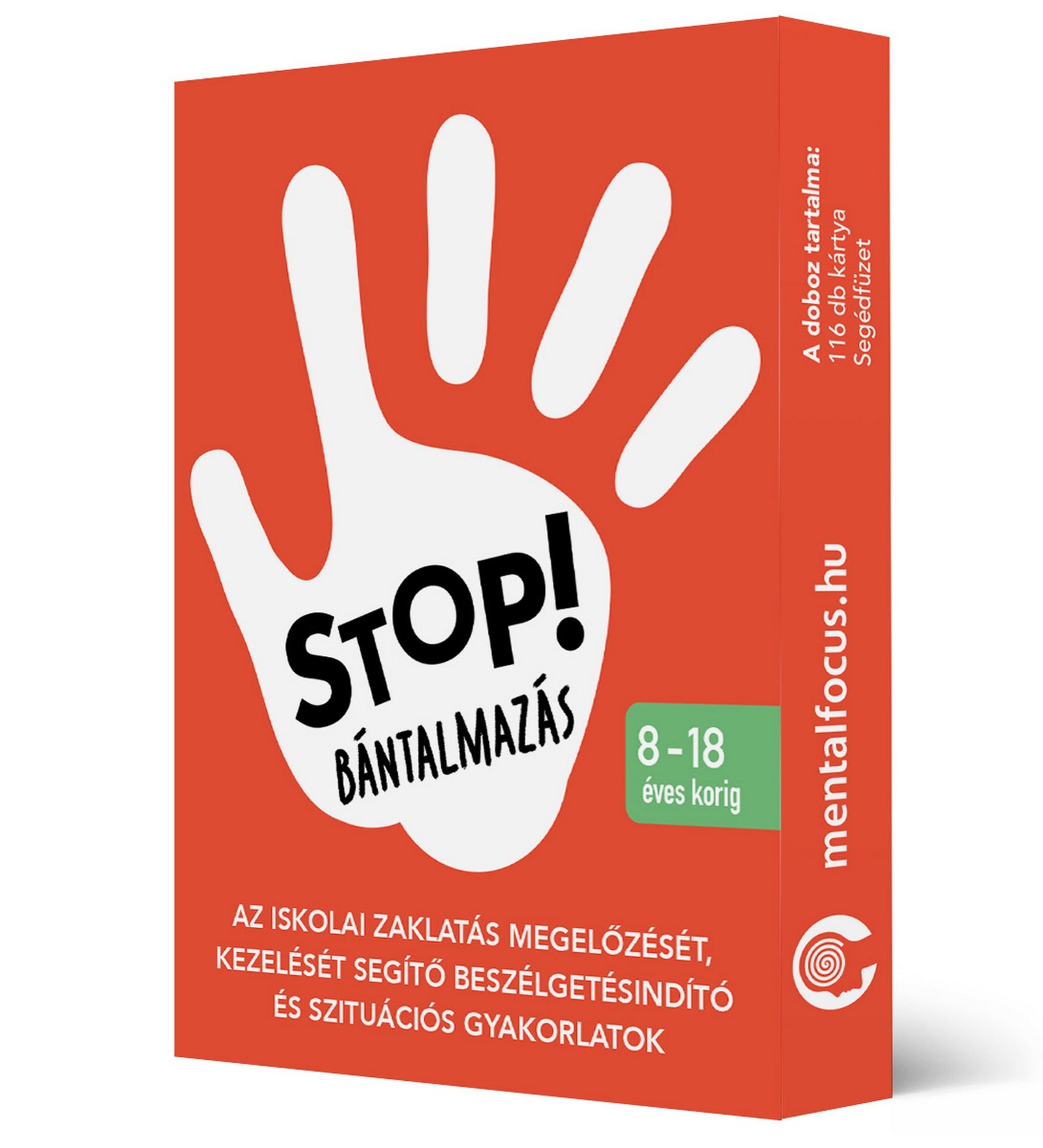 STOP! Bántalmazás beszélgetésindító kártyajáték doboza iskolai zaklatás megelőzéséhez, 8–18 éves korig.